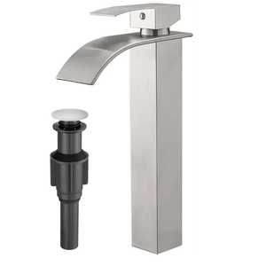RUMOSE Tall Brushed Nickel Bathroom Faucet with Pop Up Drain Modern Single Handle One Hole Bathroom Vessel Sink Faucet Waterfall Spout Rv Lavatory Vanity Faucet Deck Mount Mixer Tap, Stainless Steel