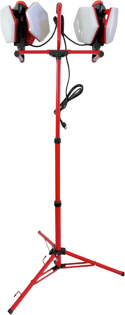 Red Rock 360 20000 Lumen Industrial Grade Led Worklight, Work Light, 2-10000 Lumen Lamp Heads, Wet Location, 55 Tool-Free Tripod Stand, Garage, Workshop, Job Site, Construction Site.