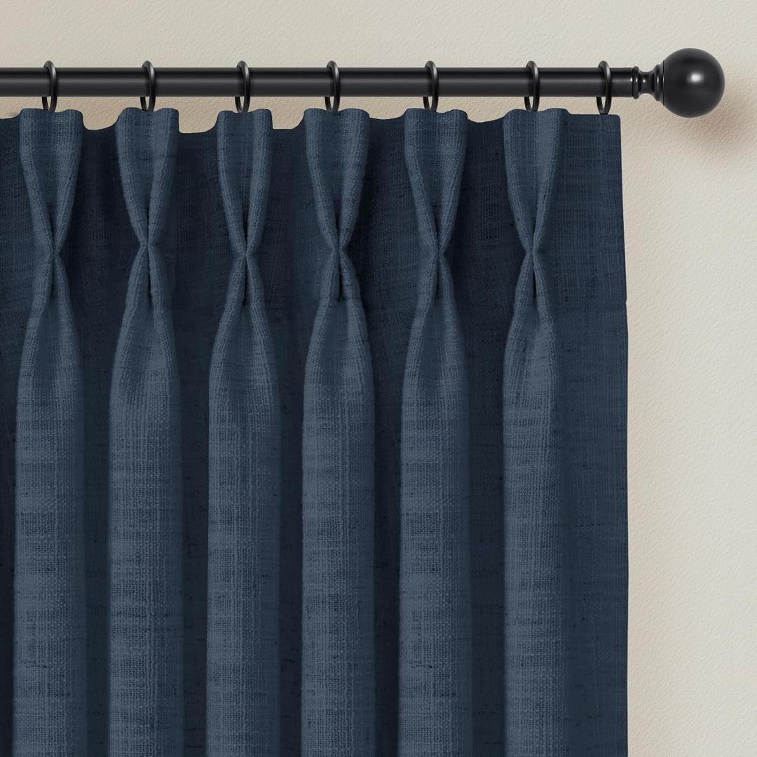 INOVADAY Memory Trained Pinch Pleated Curtains 96 Inches Long, Linen Curtains for Living Room, 2 Panel Set Pinch Pleated Drapes with Hooks, Light Filtering Window Treatment, 40" W x 96" L, Navy Blue