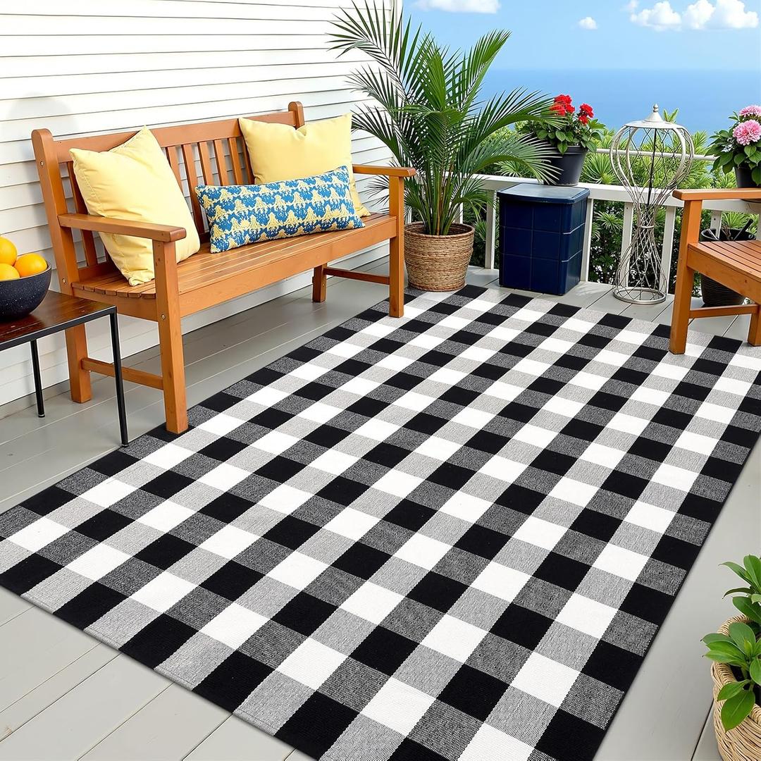 OLANLY Buffalo Plaid Rug 5' x 7'  Black and White Cotton Checkered Doormat, Washable Indoor Outdoor Rug for Layered Front Porch, Kitchen, Entryway Decor
