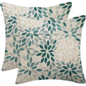 Dark Teal Dahlia Pillow Covers 18x18 Inch Set of 2 Summer Geometric Rust Flower Outdoor Decorative Throw Pillows Farmhouse Turquoise Pillow Case Linen Square Cushion Cover for Home Sofa Bedroom