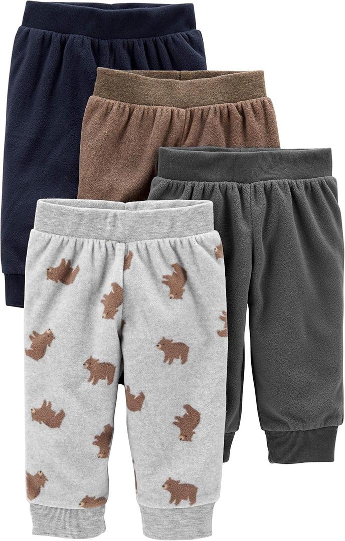 Simple Joys by Carter's Baby Boy's 4-Pack Fleece Pant Pants, grey/ navy/ brown/ bear print, 0-3 Months