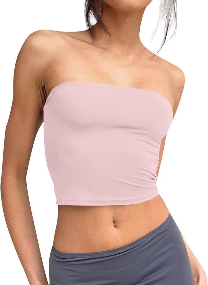 Trendy Queen  Sexy Tube Tops for Women Strapless Crop Tops Basic Backless Sleeveless Bandeau Cute 2024 Summer Outfits Sexy Solid Tops Size L Pink