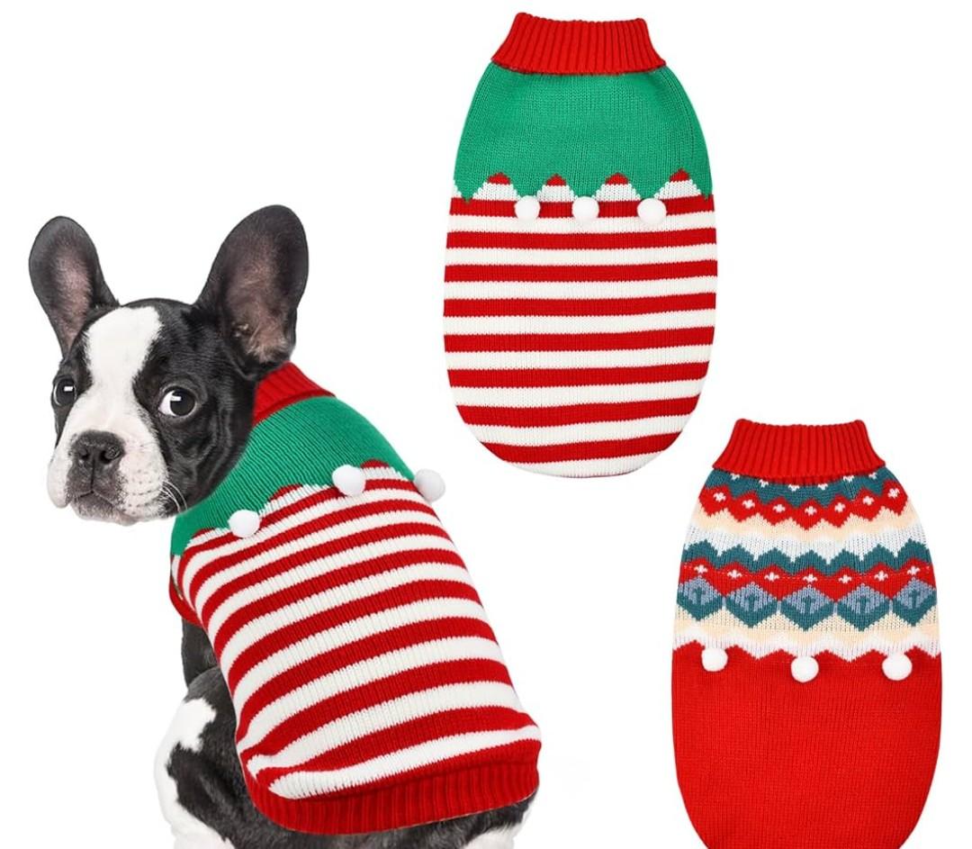 2PCS Puppy Christmas Sweater Cat Turtleneck Knitwear Xmas Elf Outfits Dog Warm Clothes Sweater for Kitties Puppies, Size: XL