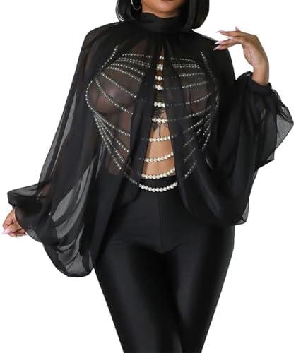 Remxi Women Sexy Batwing Sleeve Sheer Shirts See Through Chiffon High Neck Self Tie Shawl Casual Flowy Shirt Blouses Top Size XL