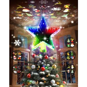 Christmas Tree Topper with 12 Lighting Effects and 6 Projection Modes, Christmas Star Tree Topper with Built-in Rotating Projector,104 Colorful LED 3D Dynamic Lighting Effect Christmas Tree Decoration