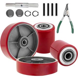 Pallet Jack/Truck Full Set with Axles, Pairs of 7" x 2" Steer Wheels & 3" x 3.75" Load Wheels with Bearings ID 20mm Poly Tread Black, Entry Exit Roller, Tool Kit Included.(Assembled)