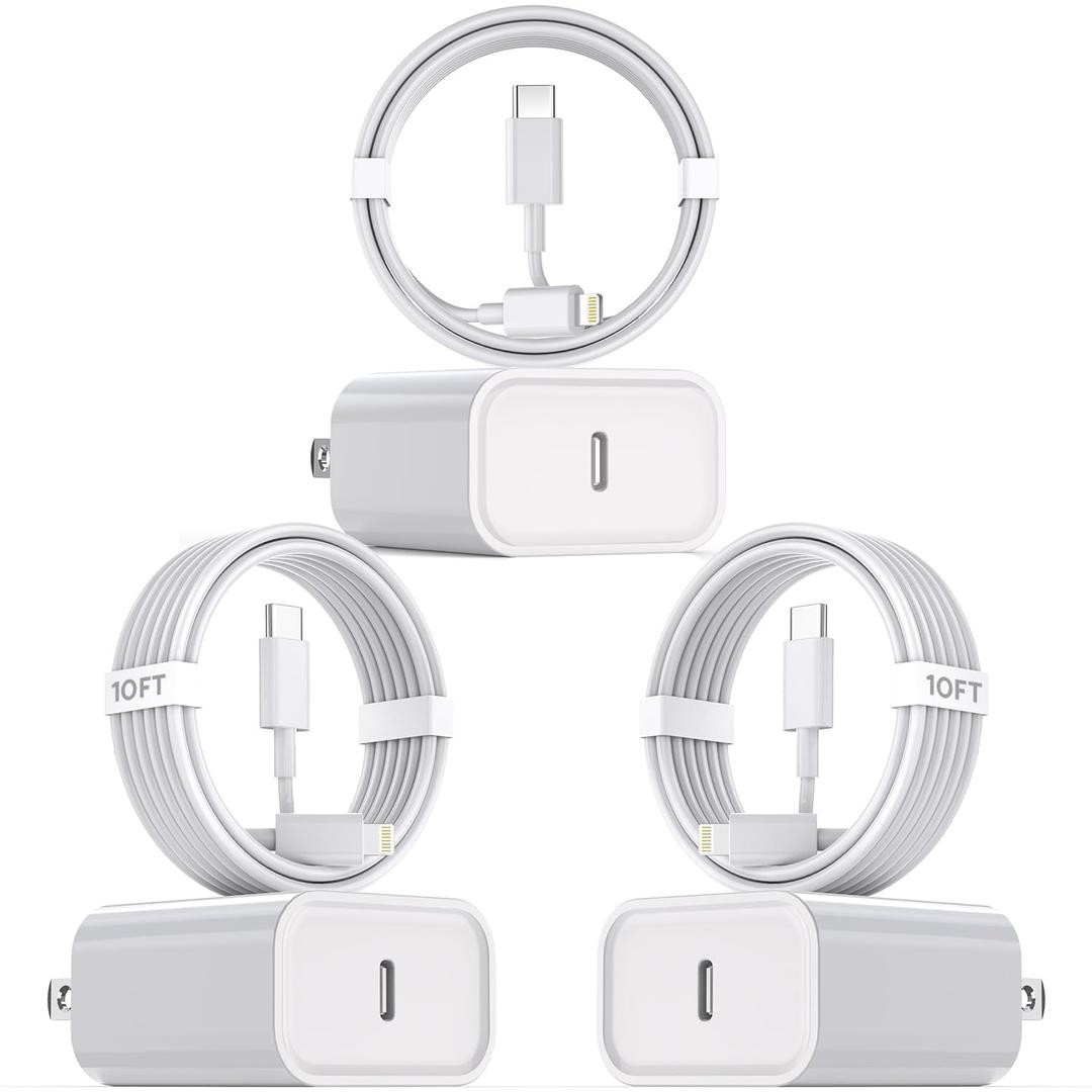 10 Foot Fast iPhone Charging Cable,3-Pack Super Fast i Phone Charger USB C Charging Block Wall Charger PD Adapter with 10FT Type C to Lightning Cable Cord for iPhone 14/13/12/11ProMax/XS Max/XS/XR/8/SE