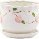 Napco Vintage Floral Ceramic Planter with Drainage & Saucer White Scalloped Flower Pot with Pink Apple Blossom Design, Medium 5.5 x 6 Inch for House Plants, Succulents & Herbs, Cottage Home Dcor