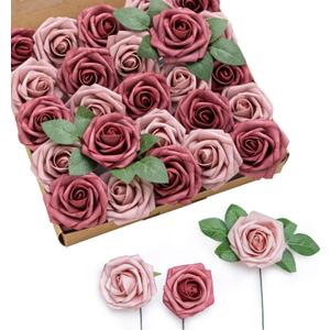 Ling's moment Artificial Flowers 50Pcs Torrid Blush Roses Decor w/Stems,3" Real Touch DIY Foam Floral for Wedding Bouquet/Centerpieces, Outdoors Party Backdrop, Room/Table, and Garden/Pot Decorations (Pk- Cinnamon Rose & Shabby Pink)