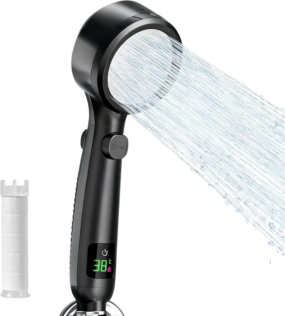 Filter Shower Head, Shower Head with Temperature Display and Filter, High Pressure Water Flow and Multiple Spray Modes (Black)