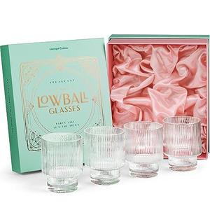 GLASSIQUE CADEAU Vintage Art Deco Lowball Gatsby Cocktail Glasses | Set of 4 | 13 oz Double Old Fashioned Tumblers for Drinking Classic Whiskey, Gin, Vodka Bar Drinks | Round Short Glassware