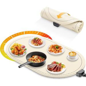 Food Warming Mat for Table & Buffet, Fast Heating Serving Pad with Adjustable Temperature & Timer, Foldable Silicone Heating Mat for Family Meals, Parties & Holiday Hosting (Beige)