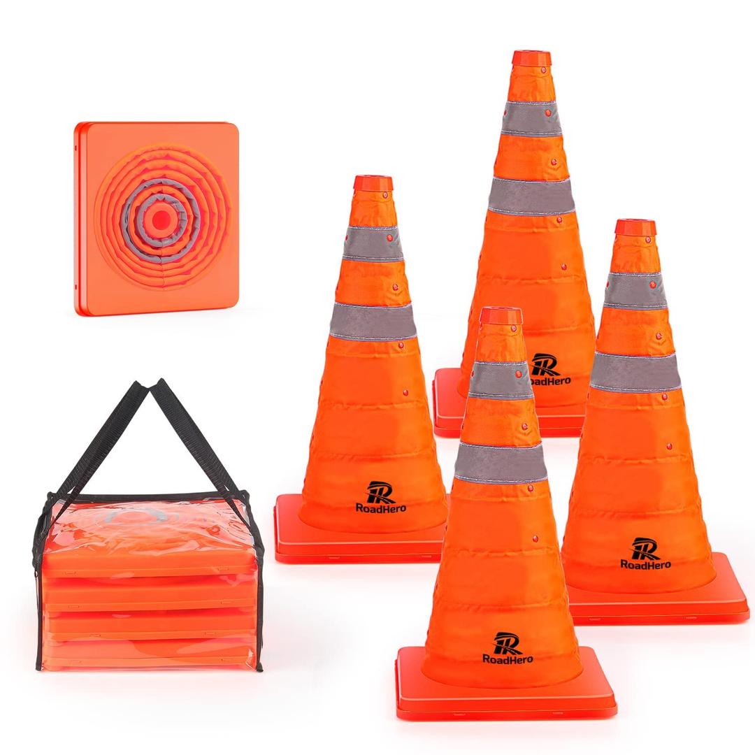 RoadHero 18 Inch 4 Pack Collapsible Traffic Safety Cones, Multi Purpose Pop-up Cones with Reflective Collar for Road Safety, Orange Cones for Driving Training, Parking Lots