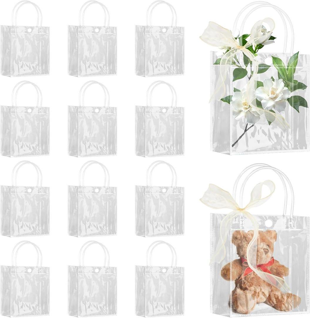 Takytao 12 Pcs Gift Bags with Handles, 5.9" L x 2.8" W x 6.3" H, Reusable with Champagne Ribbon, Clear Plastic Gift Bags for Weddings Birthday Baby Shower Party Christmas