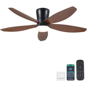 Ceiling Fans with Lights-48 Low Profile Ceiling Fan with Light and Remote/APP Control,Flush Mount,DC Reversible,LED Dimmable Modern Ceiling Fans for Bedroom,Indoor/Outdoor Patio Use(Brown) (48IN)