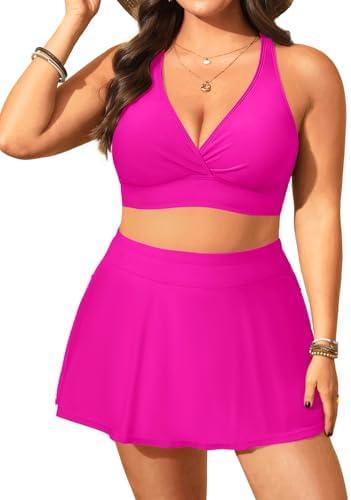 Women's Plus Size High Waisted Bikini - Two Piece Swimsuit with Skirt 2025 Tummy Control Bathing Suit with Pocket, 18W, Hot Pink 