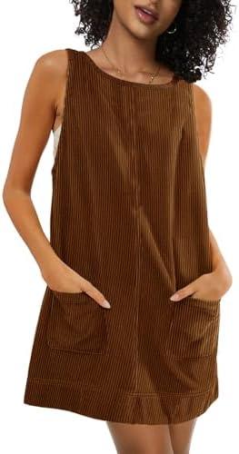 Prliuosu Corduroy Overalls Dress for Women A Line Casual Stretch Jumper Shift Dress with Pockets Size M