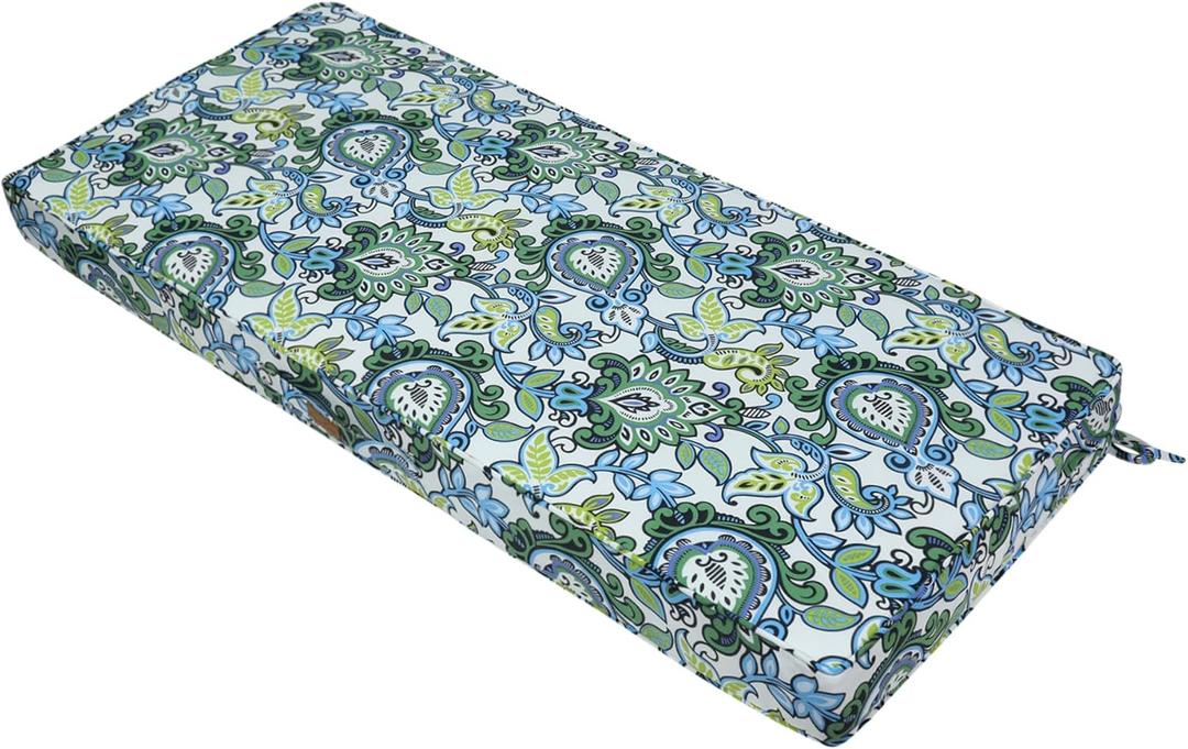 Magpie Fabrics Outdoor Bench Cushion 48 x 18 Inch, Waterproof Fade Resistant Patio Garden Loveseat Sofa Settee Couch Swing Pads with Carry Handle and Ties, Botanical Blue Green
