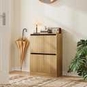 Shoe Storage Cabinet with Vertical Groove Doors 2 Flip Drawers, Narrow Shoe Cabinet Storage for Entryway, Freestanding Shoe Organizer Cabinet, Slim Shoe Rack Cabinet (Natural Oak Grain)