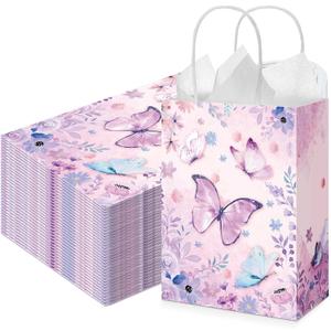 Kolldenn 30 Pcs Butterfly Birthday Party Favor Gifts Bags Candy Goodie Bags with Handles Pink Purple Butterfly Decorations Party Supplies for Girls Birthday Baby Shower Wedding