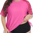 FOREYOND Plus Size Swim Tops Women Short Sleeve Rash Guard Shirts UPF 50+ Sun Protection Swimwear Swim Suits (4X-Large Plus, Pink Leopard)