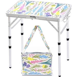 Folding Camping Table 2ft Portable Picnic Table Adjustable Height, Small Lightweight Aluminum Foldable Card Table,Hands-Free Carry for Outdoor Camp BBQ Beach (Blooming Floral with Shoulder Strap)