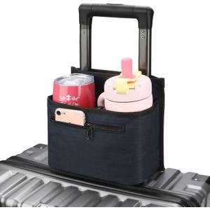Luggage Travel Cup Holder Attachment for Suitcase Drink Carrier Caddy, Coffee Mug and Tumblers, Traveler Carry on Hands Free Accessory- Gifts for Flight Attendants Travelers Accessories- Navy