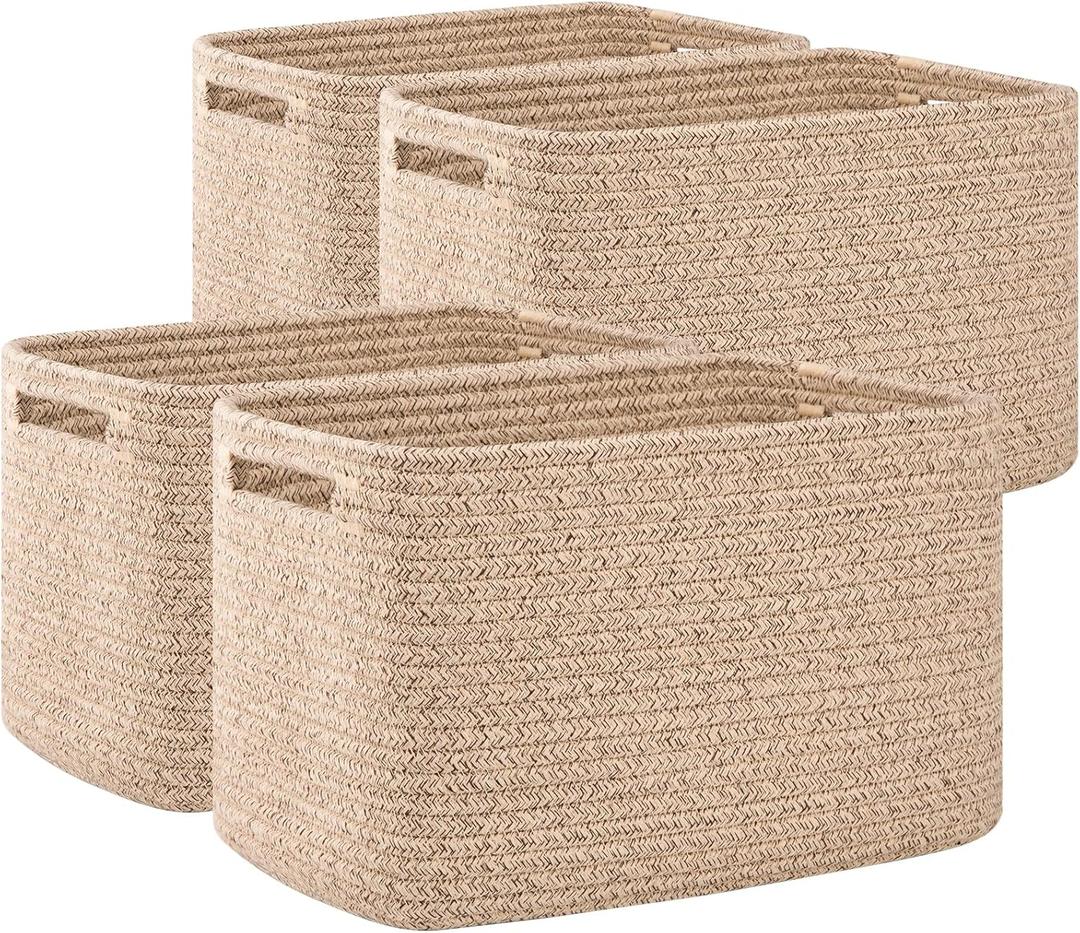 OIAHOMY 4 Pack Storage Baskets for Organizing, Cube Storage Bins for Shelves, Rectangle Storage Baskets With Handles, Woven Baskets for Storage, 16''Lx12''Wx8''H, Brown
