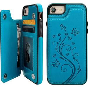 Vaburs Wallet Case for iPhone SE(2022) 5G/SE(2020)/7/8 with Card Holder, Embossed Butterfly Premium PU Leather Double Magnetic Buttons Flip Shockproof Protective Cover 4.7 inch (Blue)