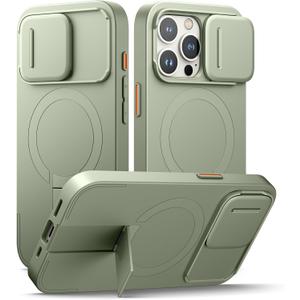 SURITCH for iPhone 15 Pro Case with Magnetic Camera Slide Cover and Adjustable Kickstand, Compatible with MagSafe, Shockproof Bumper Case Slim Protective Cover 6.1 Inch, Green