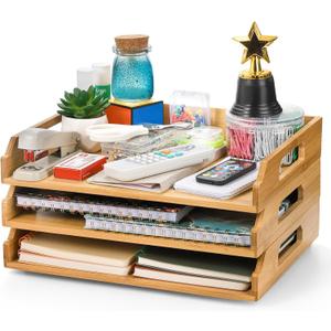 Okllen 3 Pack Stackable Paper Trays, Bamboo Desk Letter Tray Set, 3 Tier File Document Organizer Tray for A4 Paper, Magazine, Receipts, Office Supplies
