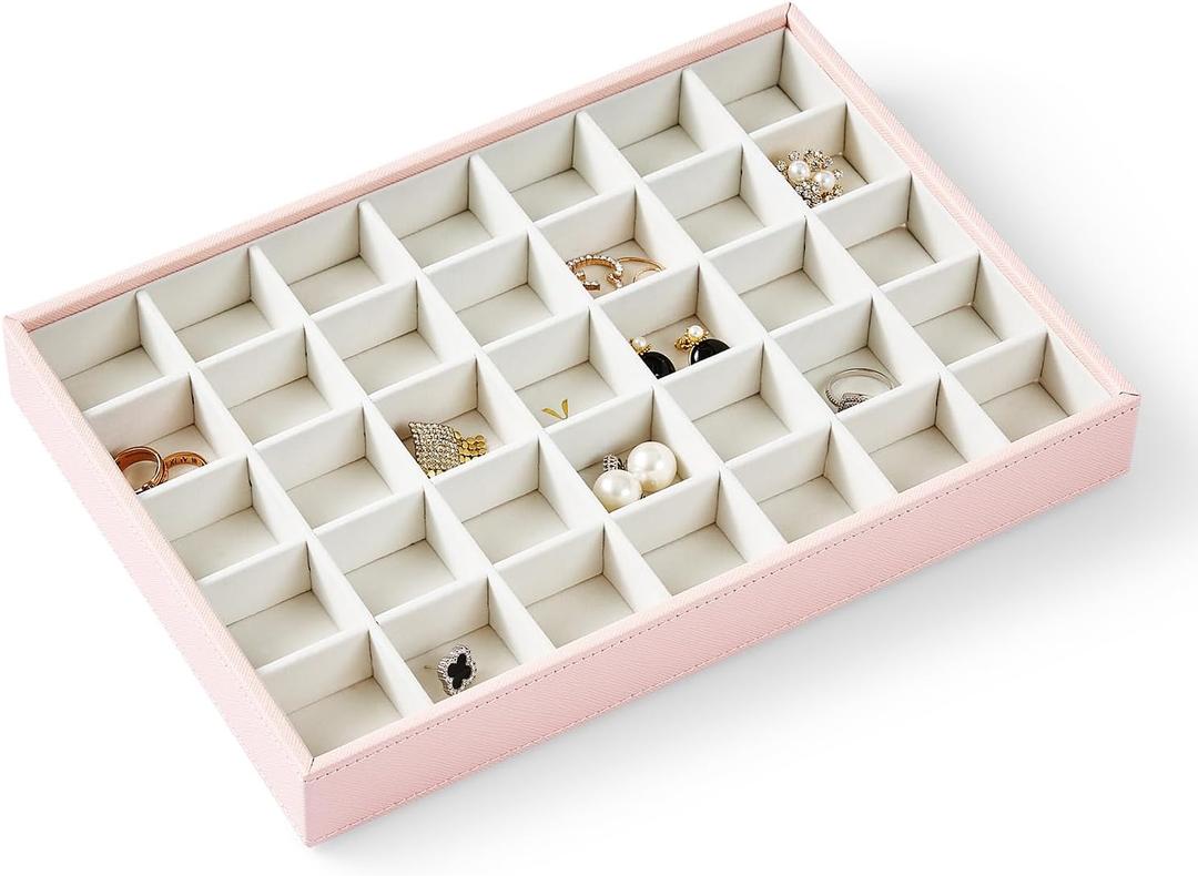 Women's Day Gifts - Pink Jewelry Holder Organizer, Earring organizer Tray Gift for Women Girls Wife Daughter Mom Girlfriend, Premium Synthetic Leather Frame and Pearl White Velvet Inner, 35 Grids