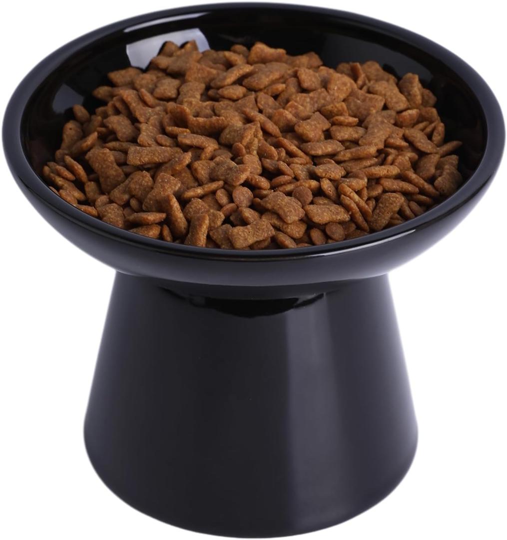 Extra Wide Elevated Cat Food Bowl, Ceramic Cat Bowls for Food and Water, Wide Shallow Cat Food Dish, Whisker Fatigue, Lead & Cadmium Free, Great Height for CatBlack-1pc