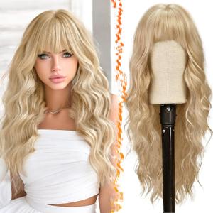 BARSDAR Long Wavy Blonde Wig With Bangs - 26 Inch Long Wavy Beige Blonde Wig with Bangs for Women - Thick Soft Synthetic Hair Replacement Wigs Natural Looking Daily Cosplay Party Halloween