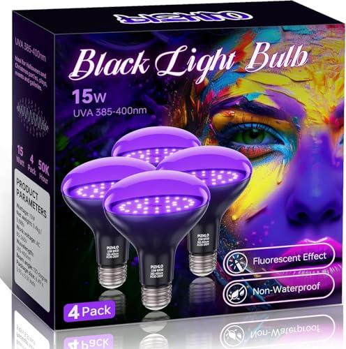 PIZHLO 4 Pcs 15W LED Black Light Bulbs, BR30 E26 Black Shell Blacklight LED Bulb, 385-400nm, Glow in The Dark for Blacklight Party, Body Paint, Fluorescent Poster, Halloween Decoration,Non-Waterproof