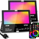 MELPO 30W Led Flood Light Outdoor 300W Equivalent, Color Changing RGB Lights with Remote, 120 RGB Colors, Warm White 2700K, Timing, Custom Mode, Uplight Landscape Lights,IP66 US 3-Plug (2 Pack)
