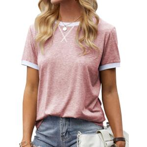 Womens T Shirt Short Sleeve Crew Neck Basic Color Block Tee Tops (Large, Z02-Light Pink)