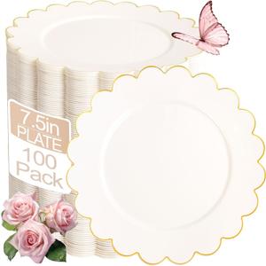 LIYH 100 Pcs Ivory Dessert Plates with Gold Rim- Ivory Plastic Plates 7.5" Disposable Scalloped Fancy Gold Plastic Plate,Baby Shower Cake Plate Party Suitable for Easter Day or Mothers Day