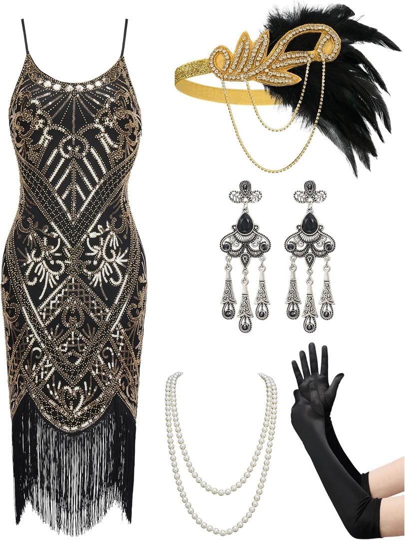 YESSA Women's Flapper Dresses 1920s,Great Gatsby Dresses Sequin Fringe Cocktail Dress Roaring 20s Dress for Harlem Nights (Medium, Black Gold)