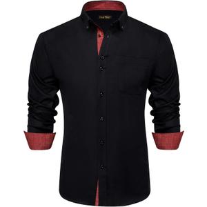 Mens Dress Shirt Long Sleeve Casual Button Down Shirt Wrinkle Free Formal Business Inner Collar Contrast Shirts (Medium, Black Red)