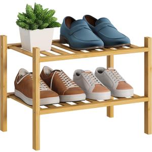 BMOSU 2-Tier Bamboo Small Shoe Rack Premium Stackable Shoe Shelf Storage Organizer for Hallway Closet Living Room Entryway Organizer (Natural Bamboo)