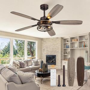 52 Inch Farmhouse Ceiling Fan with Light and Remote, Oil Bronze Industrial Flush Mount Ceiling Fans with 6 Speed Reversible Motor and Dual Finish 5 Blades, Rustic Ceiling Fan for Living Room, Bedroom