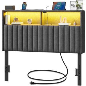 Rolanstar Headboard for Twin Size Bed with Storage, Velvet Upholstered Head Board with USB & Type C Port, 60,000 DIY Color of LED Light, Height Adjustable, Sturdy, Easy Assembly, Grey (Gray)