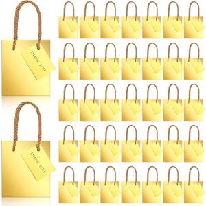 Nuanchu 50 Pcs Mini Gift Bags Bulk, 4 x 2.75 x 4.5 Inch Paper Bags with Gift Tags, Extra Small Metallic Paper Totes with Handles for Birthday Weddings Baby Showers Party Favors(Gold)