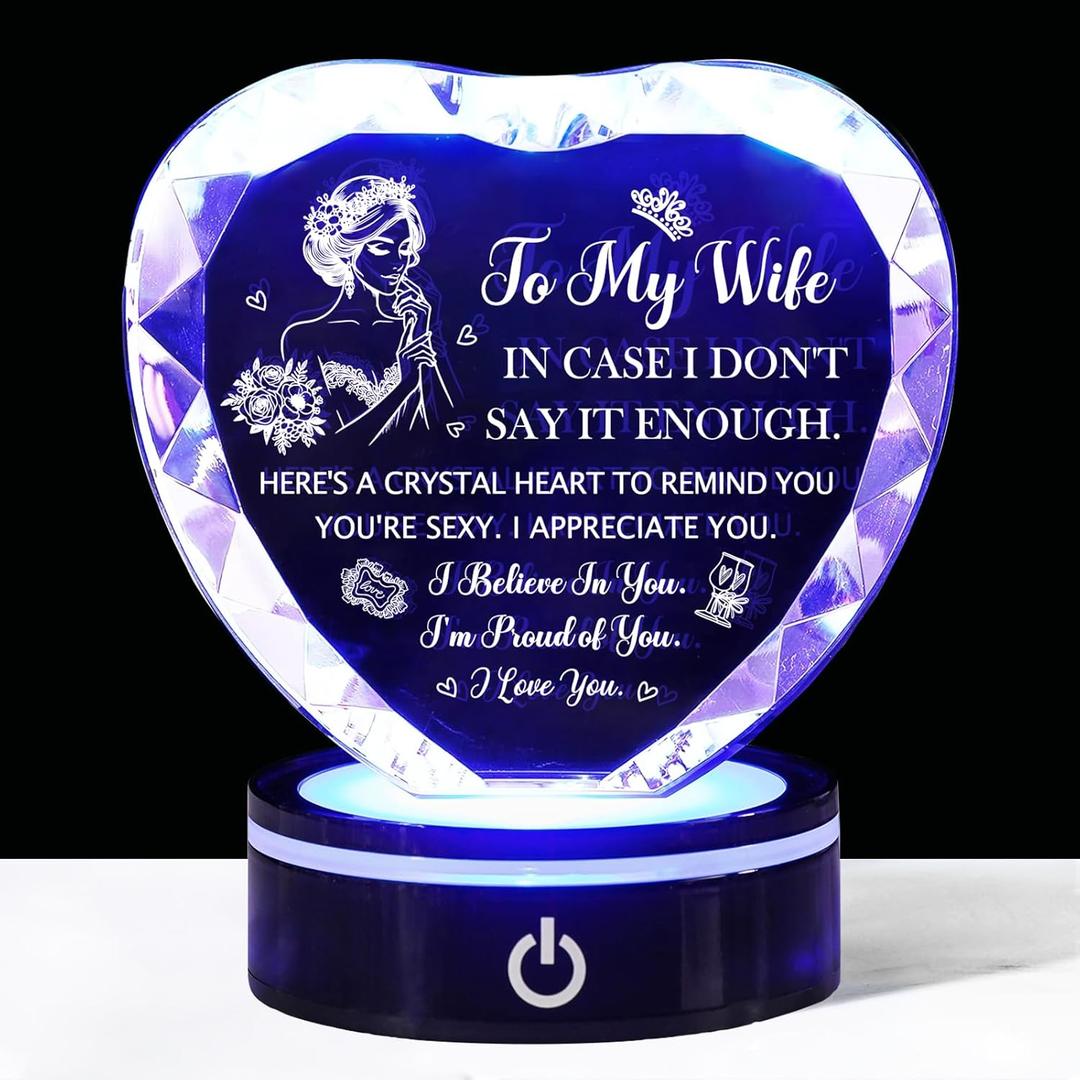 ROKY&Chao Laser Engraved to My Wife Crystal Heart Gift with Color-Changing LED Base - Anniversary Birthday Present for Wife, 6 Light Modes, USB & Battery Powered Keepsake