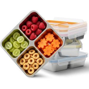Bakpoco 4 Pack Stainless Steel Snack Containers, 4 Compartment Metal Snack Containers with Lid, Compact Food Storage Box Containers For Lunch & Snacks, 6.08oz x 4 compartments x 4 packs