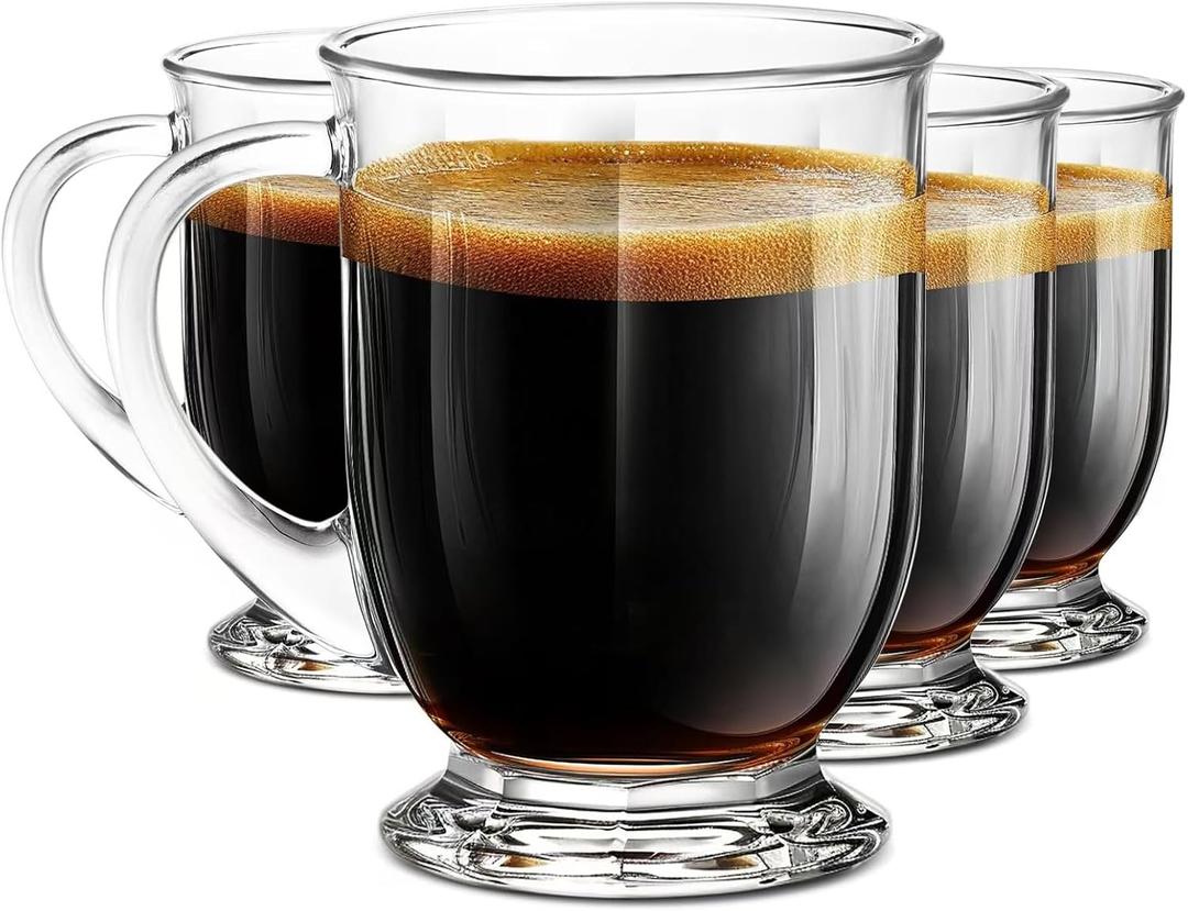 Clear Glass Coffee Mugs Set of 4, 16 OZ Large Glass Beer Cups with Handle,Bottom Nine-Sided Diner Mug for Men and Women Hot Beverages,Tea, Cappuccino, Latte, Espresso, Juice Mothers