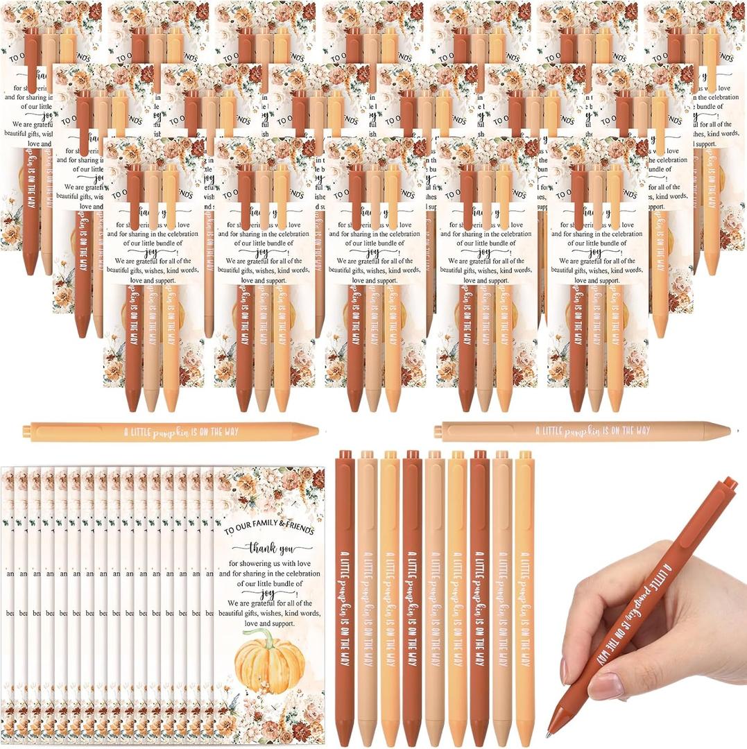 144 Pcs Thanksgiving Little Pumpkin Baby Shower Favor Fall Baby Shower Pens Gifts Bulk with a Little Pumpkin Is on The Way Thank You Card for Thanksgiving Gender Reveal Party Supplies Decor
