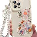 Compatible with iPhone XR Case, Cute Flowers Floral Bear Cover with Lovely Wrist Strap Bracelet Chain for Girls Women, Clear Kawaii Camera Protection Pretty Trendy Phone Skin